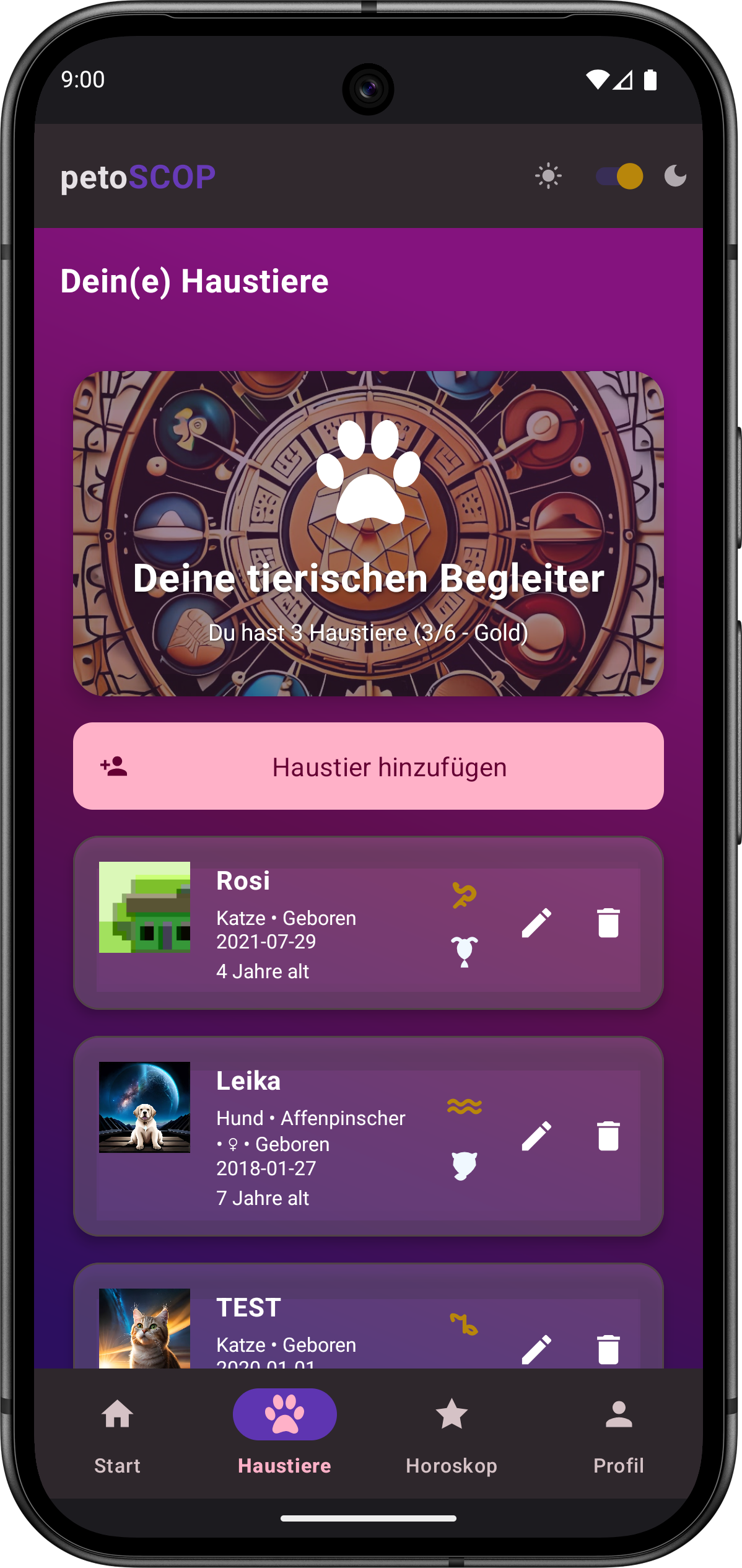 Petoscop App im Dark Mode