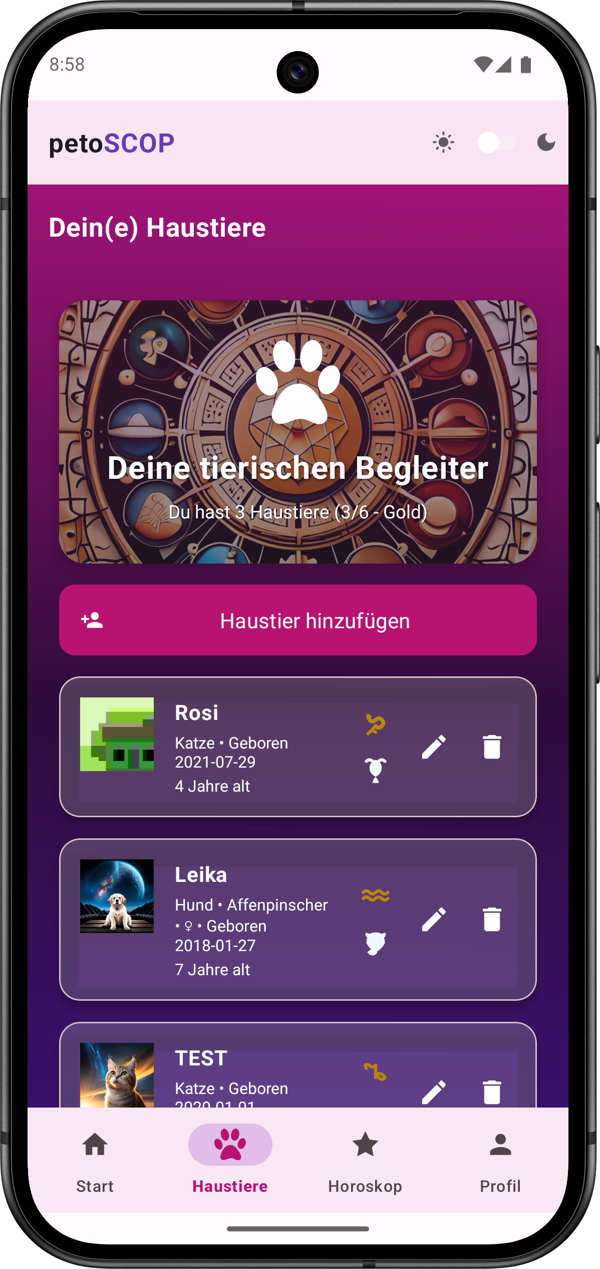 Haustiere verwalten in der Petoscop App